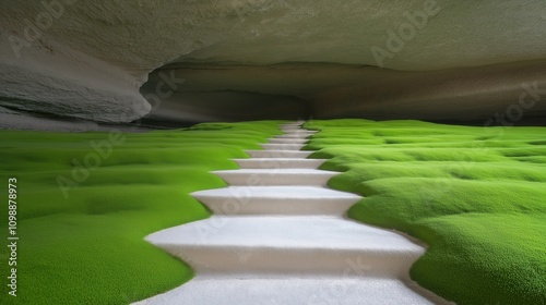 Mystical cave pathway with lush green moss and smooth stone steps photo