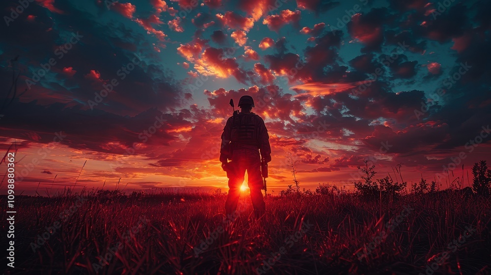 Fototapeta premium Soldier Silhouetted Against Vibrant Sunset Sky