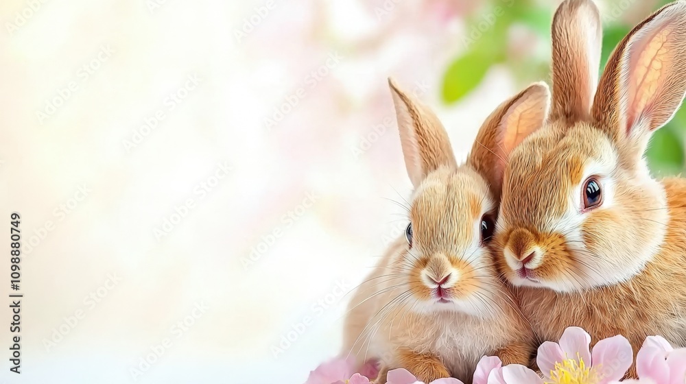 Fototapeta premium Adorable baby rabbits snuggled among pink spring flowers