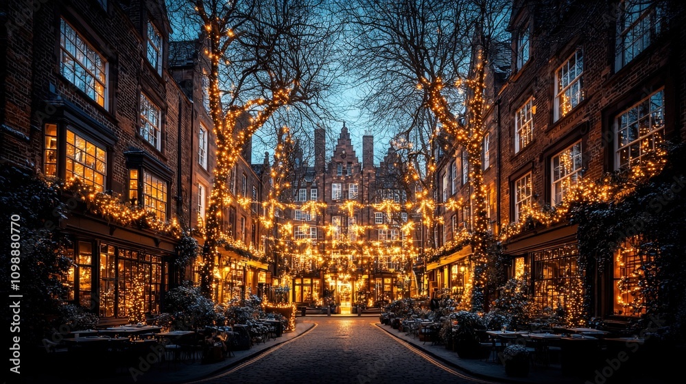 Naklejka premium Magical winter evening in a festively lit historic european street