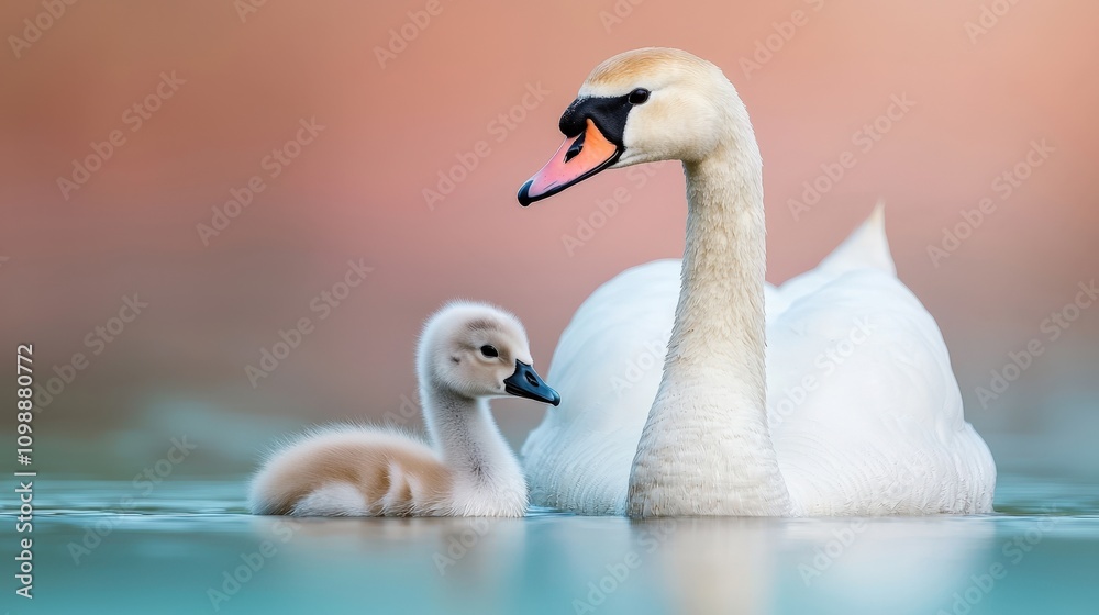 Fototapeta premium Graceful swan and adorable cygnets on tranquil lake at sunrise