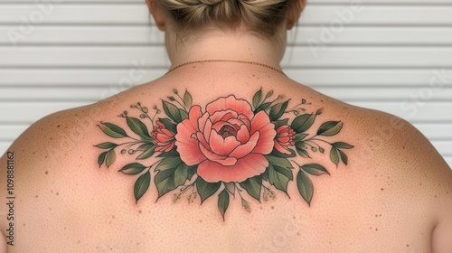 Elegant floral tattoo design on woman's back with pink rose and green leaves photo