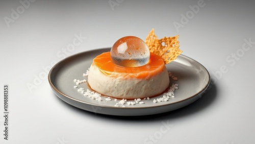 Smoked salmon mousse with crispy rice and flavored water sphere, mousse, food styling, garnish, presentation, rice photo