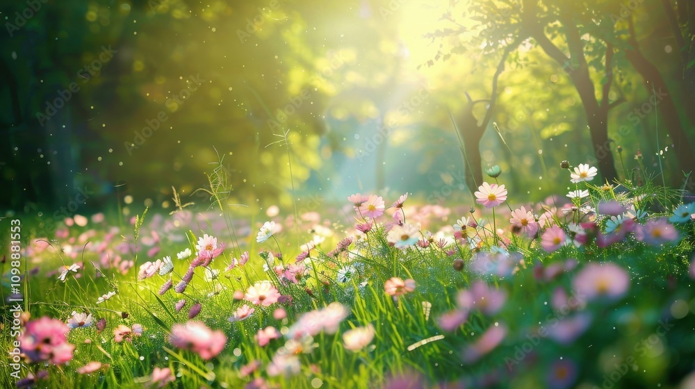 Fototapeta premium Sunlit Meadow Cosmos Flowers Bloom Brightly