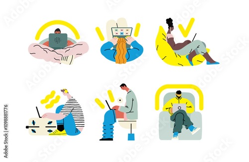 Creative workspace, modern flat vector concept illustration of a person working with a computer Remote work, flexibility, independence, efficiency, mobility, synergy, freedom