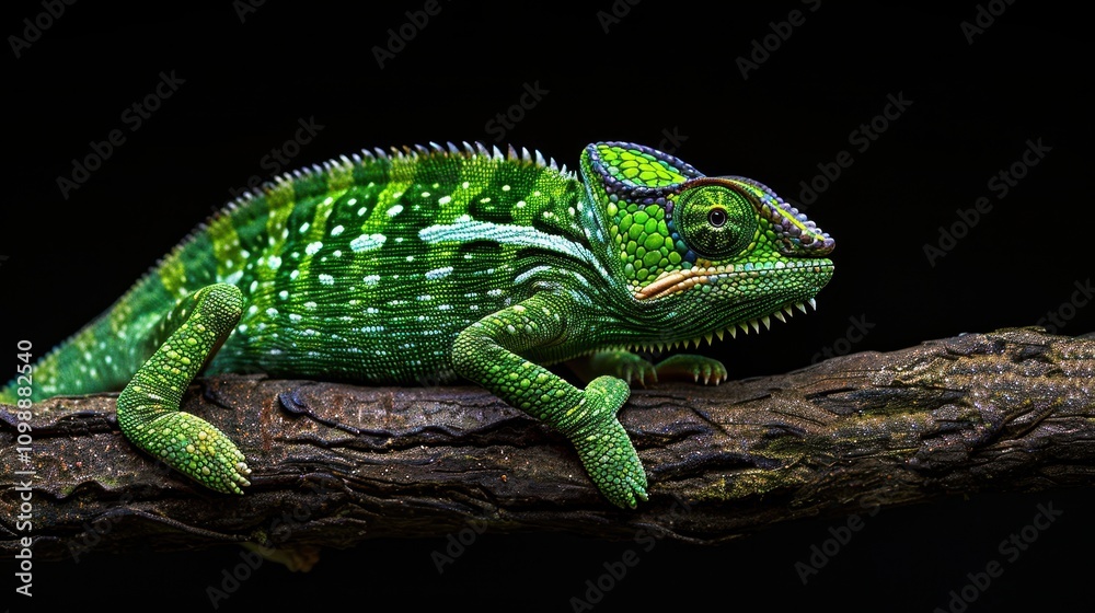 Obraz premium Vibrant Green Chameleon on Dark Branch Resting