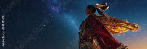 A Native American woman dressed in tribal regalia dances beneath the stars, her movements fluid and graceful.