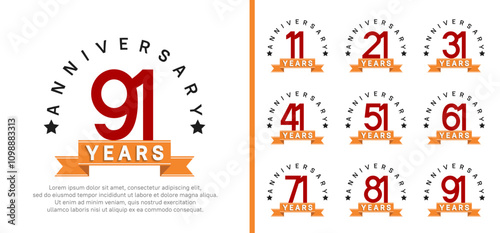 anniversary set logotype. vector design red color with orange ribbon can be use for celebration