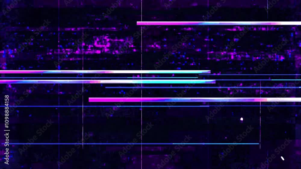Multicolored neon glitches on bright blue and pink noise with rolling speed stripes. Abstract background, overlay or design element.