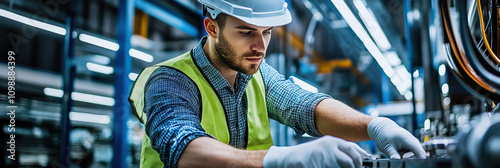 A Caucasian man in a hard hat and reflective vest works on an assembly line, hands expertly moving. photo