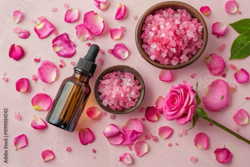 Pink salt wellness concept with essential oil dropper, decorative rose petals, and bowls of pink bath salt on soft pink background. Relaxation and beauty therapy. photo