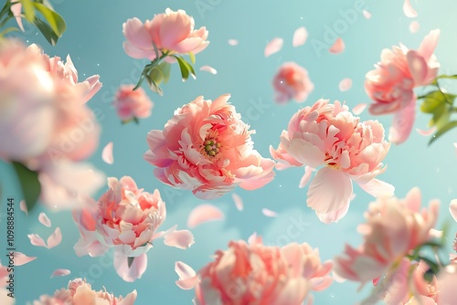 Peony flowers and petals fly in the air. Floral background