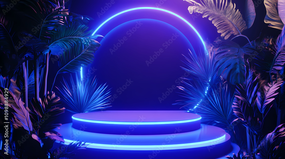 Fototapeta premium 3d podium with blue neon light. Neon. Illustration