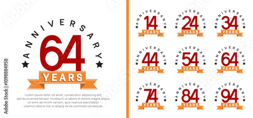 anniversary set logotype. vector design red color with orange ribbon can be use for celebration