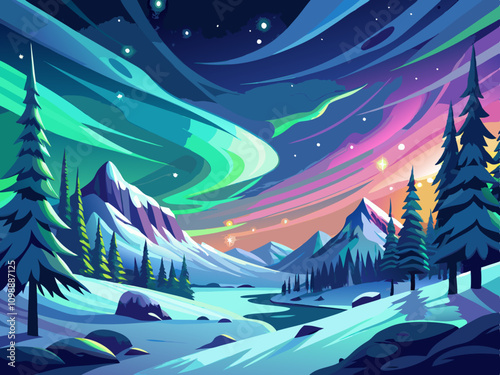 winter landscape and aurora