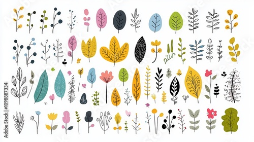 Hand-Drawn Doodles of Leaves and Plants