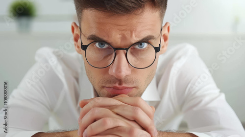 Young man dressed smartly in casual wear, confidently leaning on his desk in a modern office setting. photo