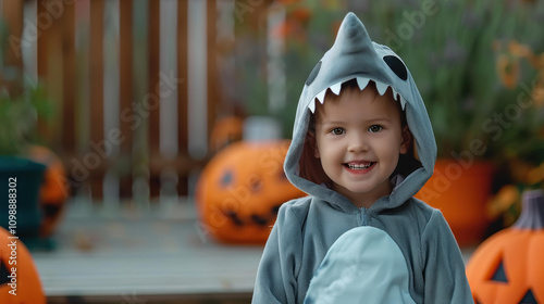 A pintsized shark ready to take on Halloween This cute boy in a costume brings smiles with his playful spirit. photo