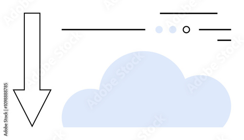 Large downward arrow pointing towards a light blue cloud, assorted lines and dots. Ideal for cloud computing, data storage, download concepts, internet, technology, web design, digital services. Line