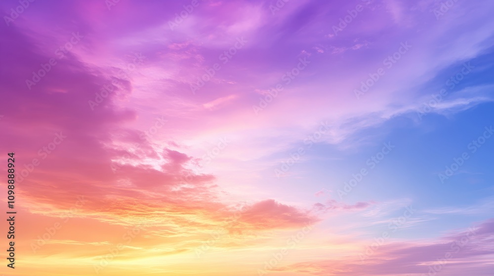 Obraz premium Breathtaking Sunset Sky with Vibrant Hues of Orange, Pink, and Purple Blending Seamlessly into a Tranquil Blue Sky Across the Horizon at Dusk