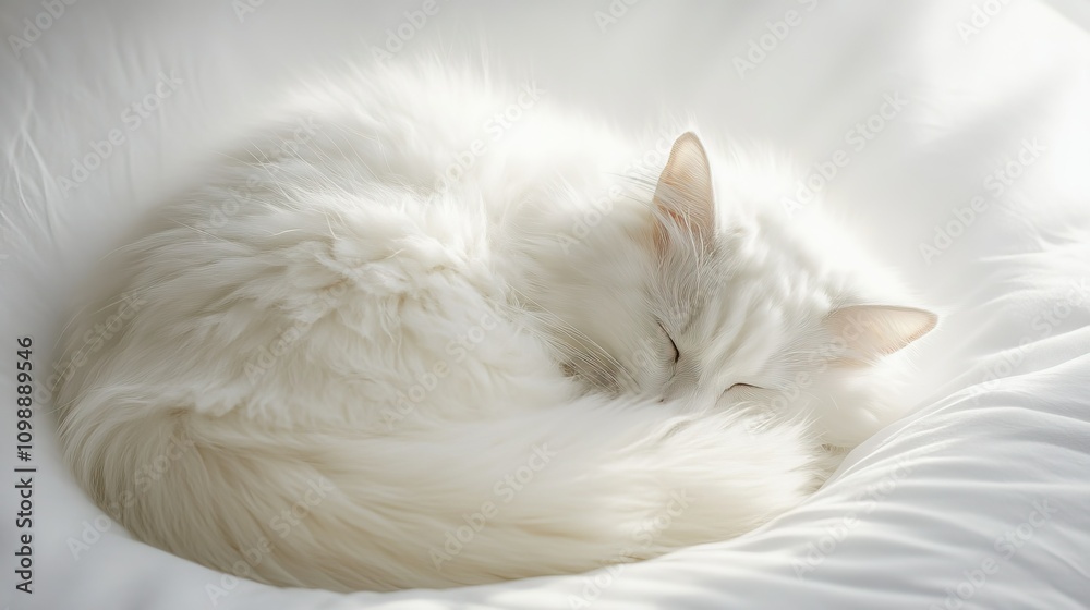Fototapeta premium Serene Ragdoll Cat Curled Up on a White Surface