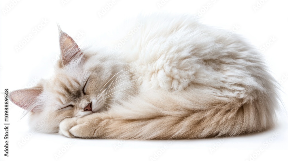 Obraz premium Serene Ragdoll Cat Curled Up on White Background