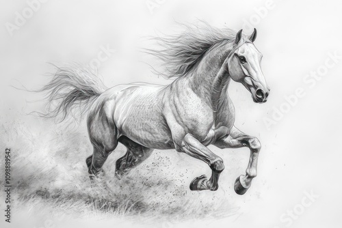 Majestic White Horse Galloping Through Dusty Field photo