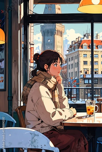 woman sitting by a window in café,  The woman is wearing a scarf .winter background is a cityscape with tall buildings cartoon anime style 