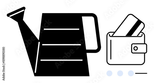 Watering can next to a wallet with credit cards, representing nurturing financial health and growth. Ideal for investment, saving, financial planning, budgeting, economic growth, wealth management