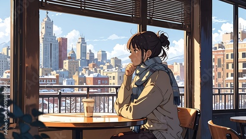 woman sitting by a window in café,  The woman is wearing a scarf .winter background is a cityscape with tall buildings cartoon anime style 