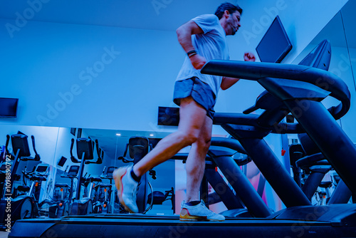 Deportista entrenando en gimnasio sobre cinta de correr. photo