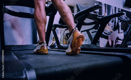 Deportista entrenando en gimnasio sobre cinta de correr. photo