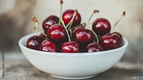 A bowl of fresh cherries, their deep red color standing out in a clean, elegant display