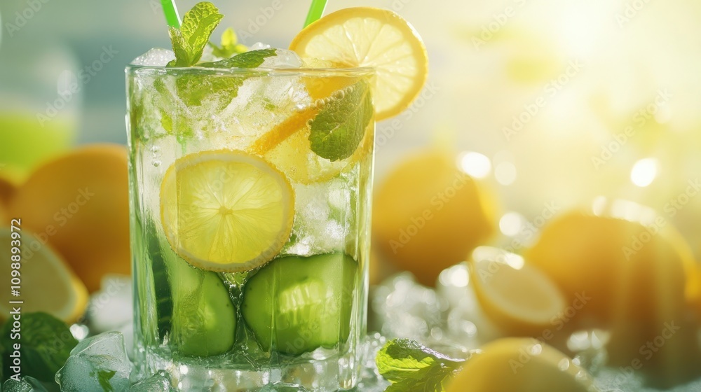 Fototapeta premium Refreshing cucumber lemon drink. (1)