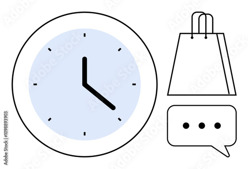 Clock with black hands and blue face, shopping bag, and chat bubble with ellipsis. Ideal for time management, retail planning, customer service, online shopping, productivity tips, efficiency in