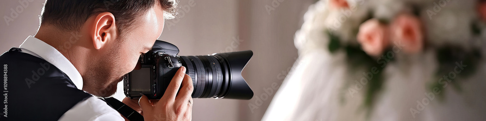 Fototapeta premium Caucasian male photographer capturing a moment at a wedding ceremony.
