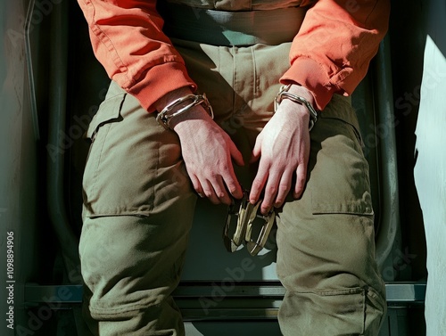 A close-up of a prisoner sitting in the back of a transport vehicle, hands cuffed, isolated on a white background photo