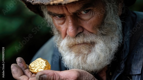 Elderly prospector with a weathered face and white beard intently studies a gleaming gold nugget held in his rough, dirt-streaked hand.