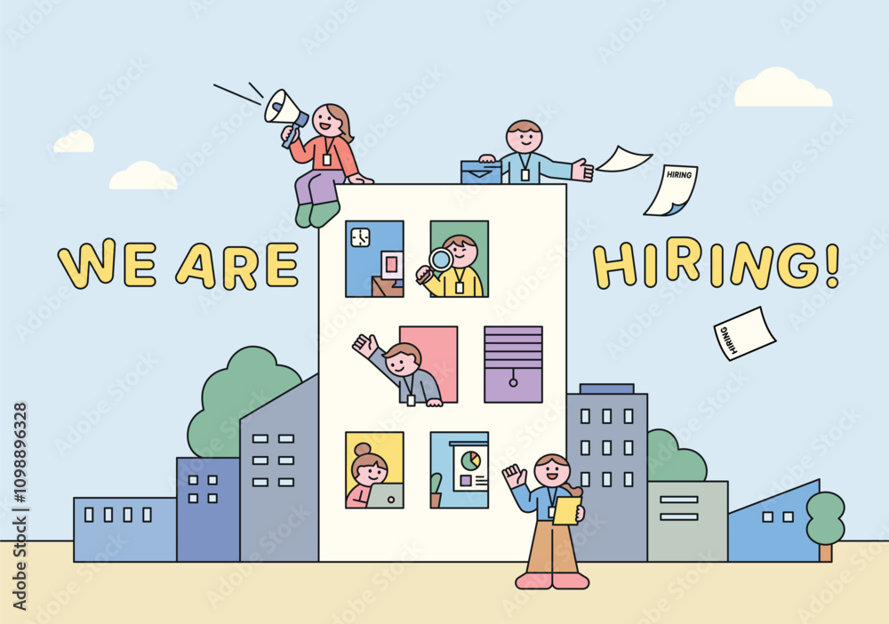 custom made wallpaper toronto digitalRecruitment and Job Search. Business characters working around the building and in windows to recruit talent. banner poster concepts.