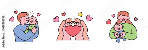 Cute baby and parents. Dad and mom are holding a baby. A small baby's hand in an adult's hand.