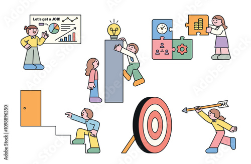 Recruitment and Job Search. People looking for goals, specifications and ideas for business activities.