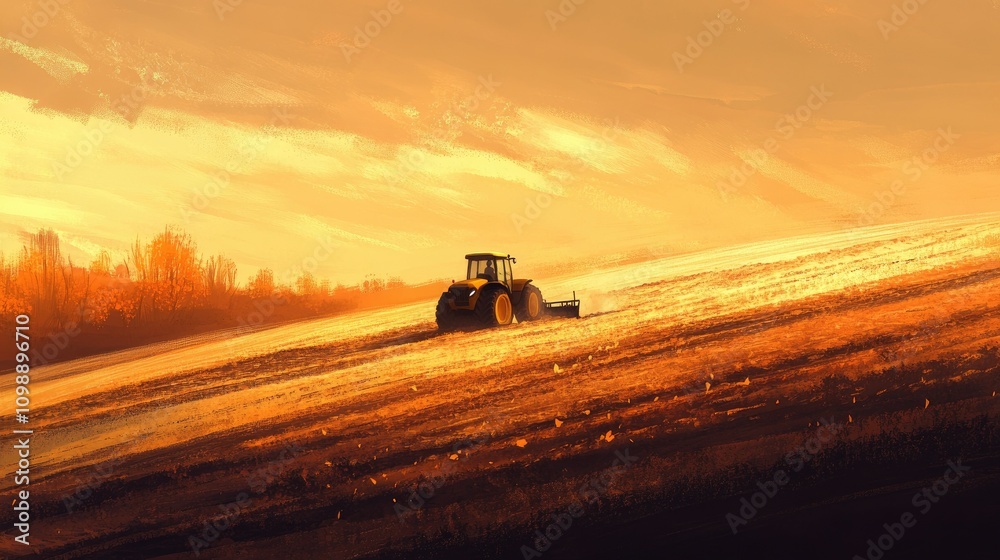 Fototapeta premium Tractor working the fields at sunrise in an autumn countryside, with soil being plowed under a golden sky, creating a peaceful rural farming scene