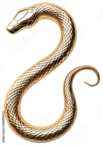 Cute 3D Snake Metallic Gold Figurine Transparent Background Cutout