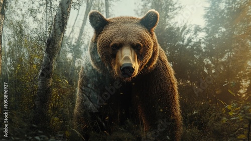 Brown bear in double exposure with forest landscape, blending fur and foliage, creating a harmonious nature illustration. photo