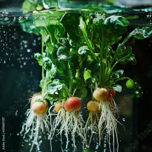 A close-up of aquaponically grown vegetables, their roots suspended in nutrient-rich water photo