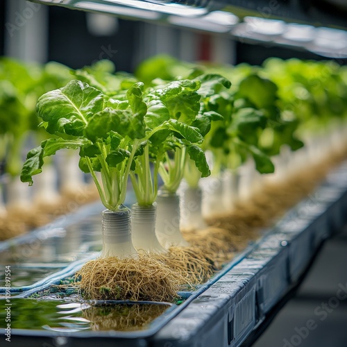 A close-up of fresh, vibrant hydroponic vegetables growing in a controlled environment, their roots visible in nutrient-rich water