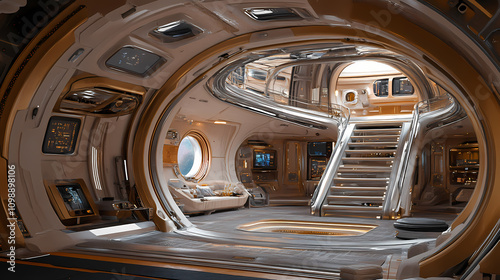 Fototapeta Naklejka Na Ścianę i Meble -  Futuristic sci-fi interior of space ship or station with staircase leading to upper deck. 3d illustration. Sci-fi. Illustration