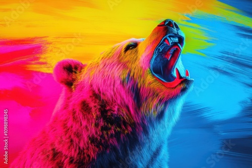 The neon light detail of a roaring bear, on an abstract background of yellow, red, blue and pink, is perfect for t-shirt printing needs photo