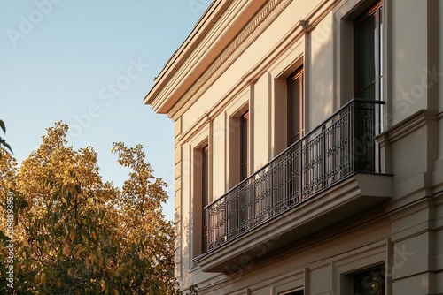 Beautiful architectural detail of a modern building with intricate balcony and warm sunlight in the afternoon photo