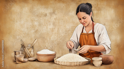 Leviticus Ritual: Woman Preparing Fine Flour for Bread Offering, Reverence and Care, Biblical Illustration, Bible Wall Art, Beige Background photo